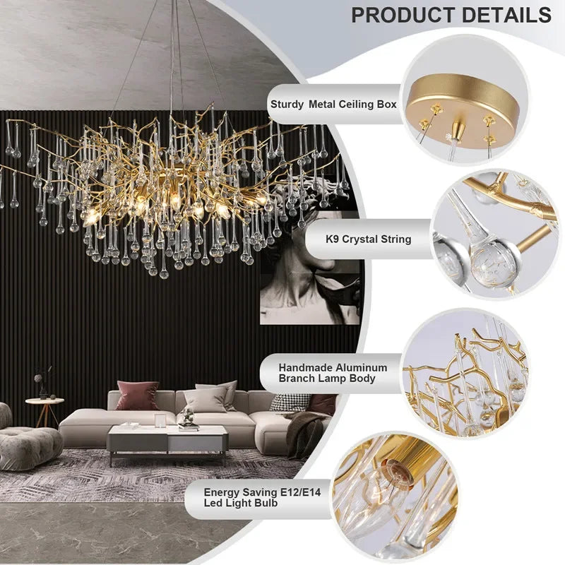 Afralia™ Luxury Crystal Chandelier Branch-Shaped Light for Living Room Dining Table