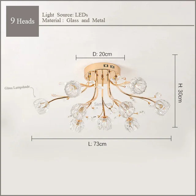 Afralia™ Crystal Flower Ceiling Lamp LED Chandelier for Bedroom Living Room Branch Decor