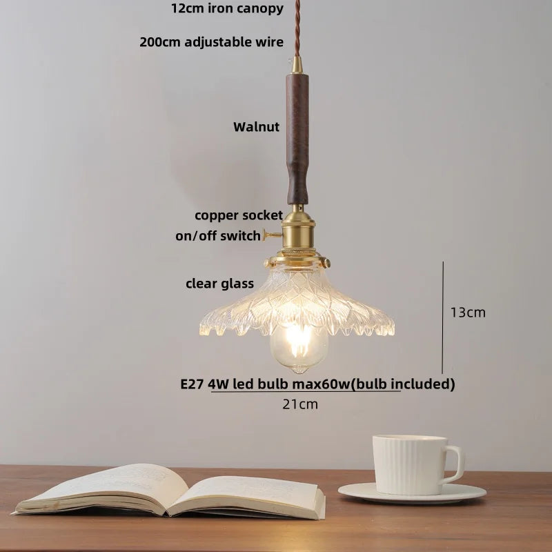 Afralia™ Modern LED Glass Pendant Light Fixture Walnut Wood Hang Lamp