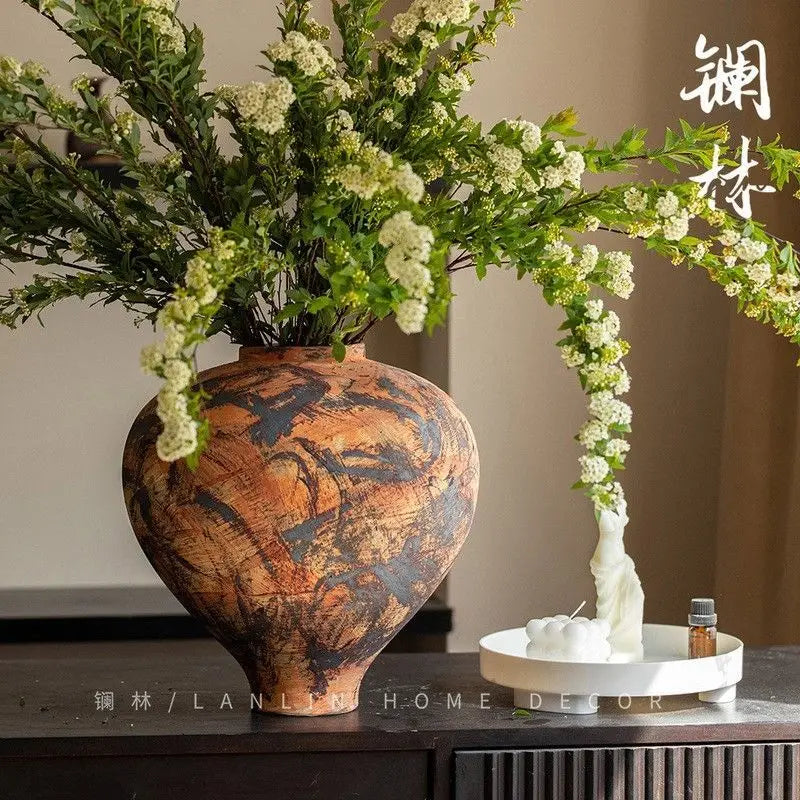 Afralia™ Handmade Ceramic Belly Vase with Floral Ornaments