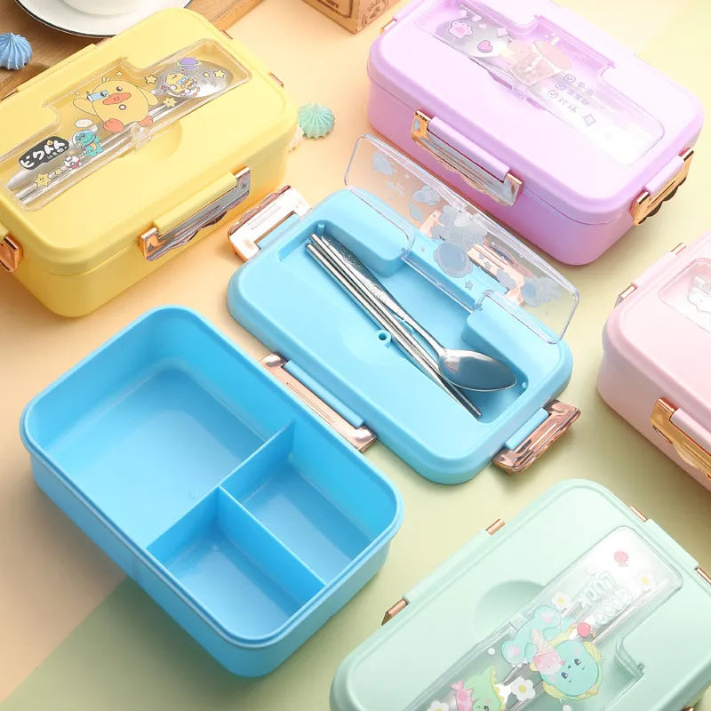 Afralia™ Kids Cartoon Bento Lunch Box with Fork Spoon, Heated 3 Grid Sandwich Snack Box