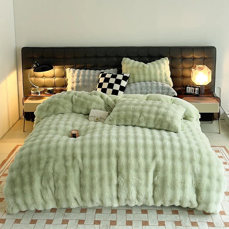 Afralia™ Plush Shaggy Faux Rabbit Fur Bedding Set: Duvet Cover, Bed Sheet, Pillowcases