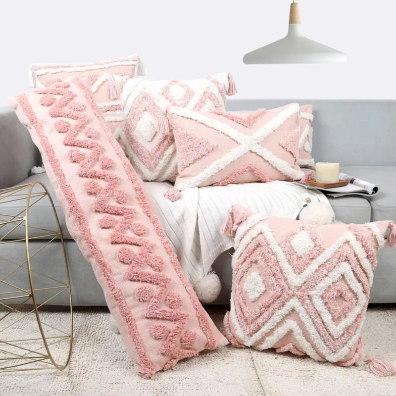 Afralia™ Boho Pink Geometric Tufted Tassel Pillow Covers 30x100cm - Decorative Double Pillows