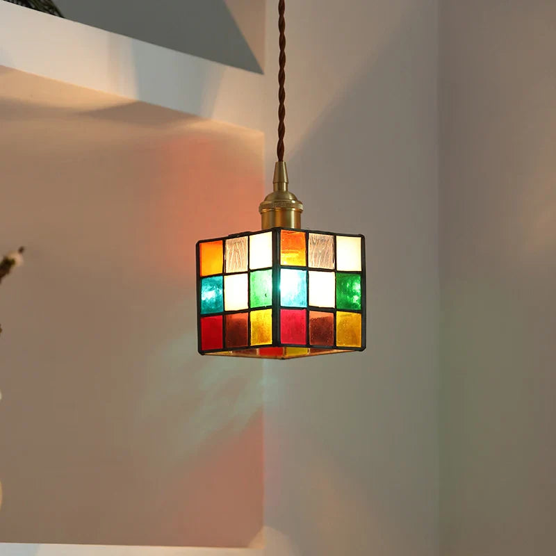 Afralia™ Colorful LED Glass Pendant Light Fixture, Modern Nordic Cube Hang Lamp