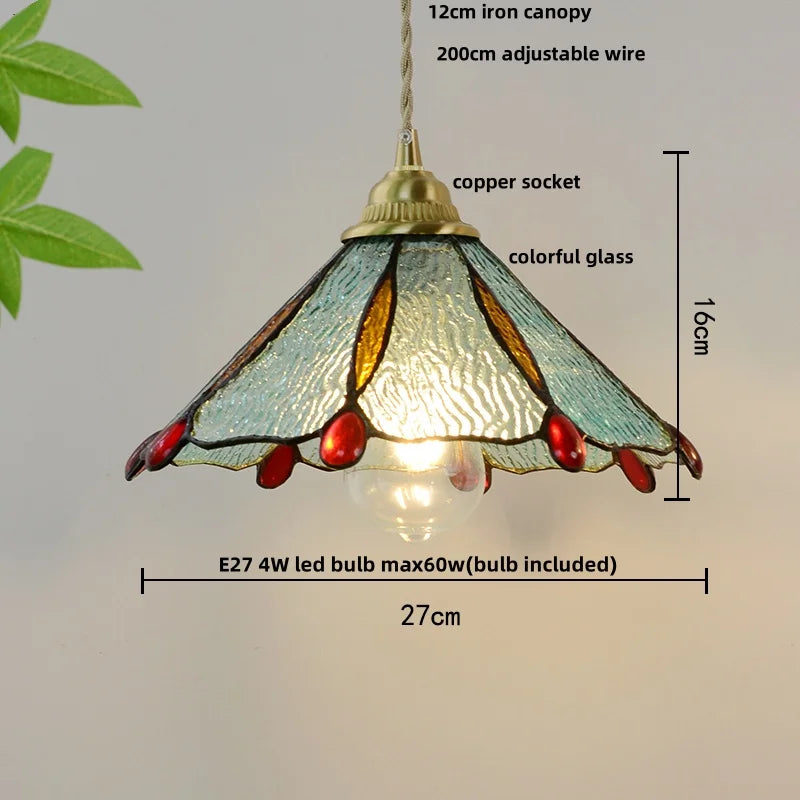 Afralia™ Walnut Wood LED Pendant Lights Tiffany Glass Hanging Lamp