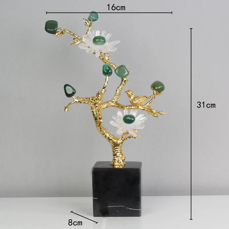 Afralia™ Golden Tree Crystal Flower Brass Amethyst Decor with Golden Bird Figurines
