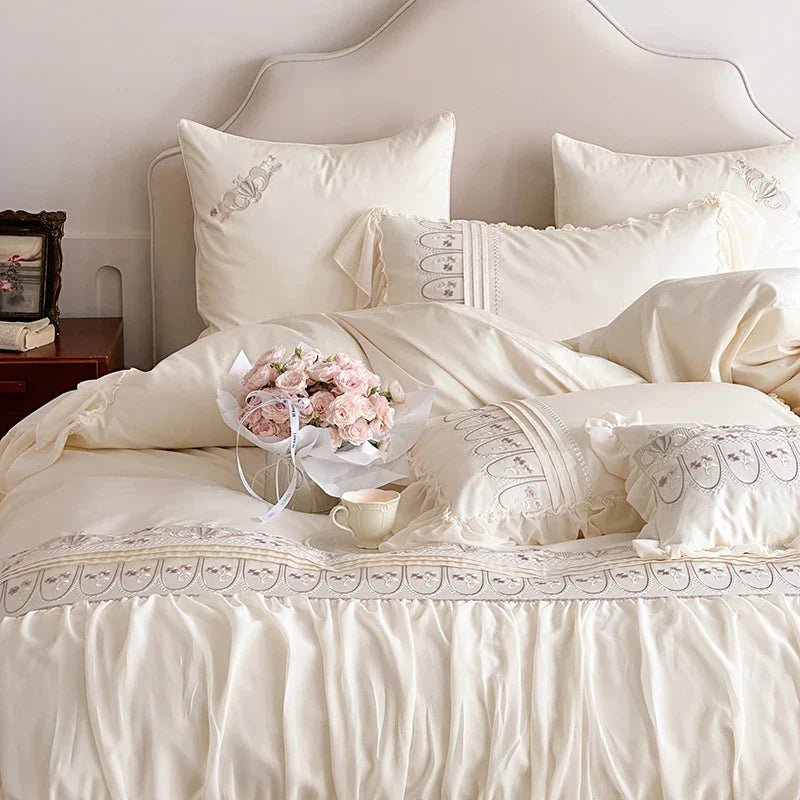 Afralia™ Flowers Embroidery Princess Wedding Lace Bedding Set 1200TC Cotton Duvet Cover Flat Sheet Pillowcases