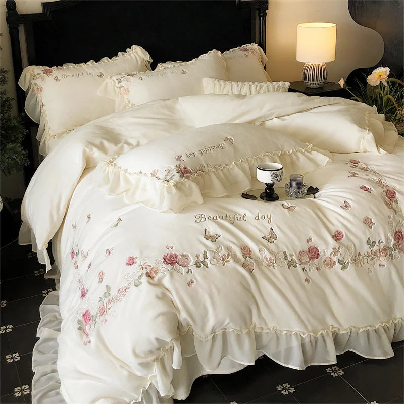 Afralia™ Rose Butterfly Embroidery Velvet Bedding Set with Lace Details