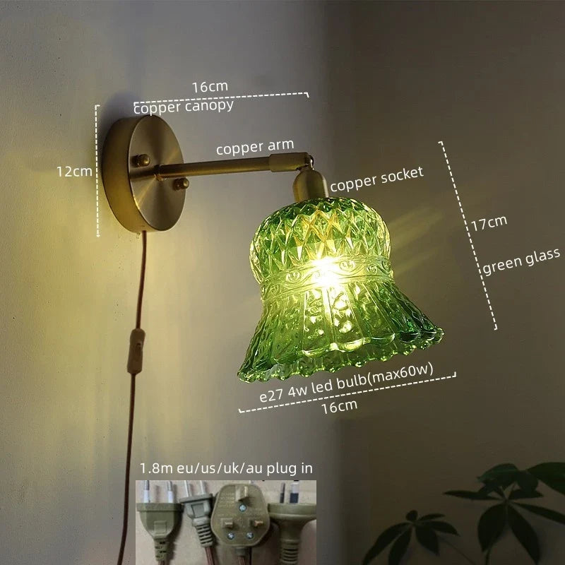 Afralia™ Vintage Copper Glass LED Wall Light with Pull Chain Switch for Dining Room Bedroom