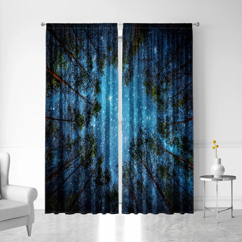 Afralia™ Dark Blue Forest & City Night View Modern Printed Curtains