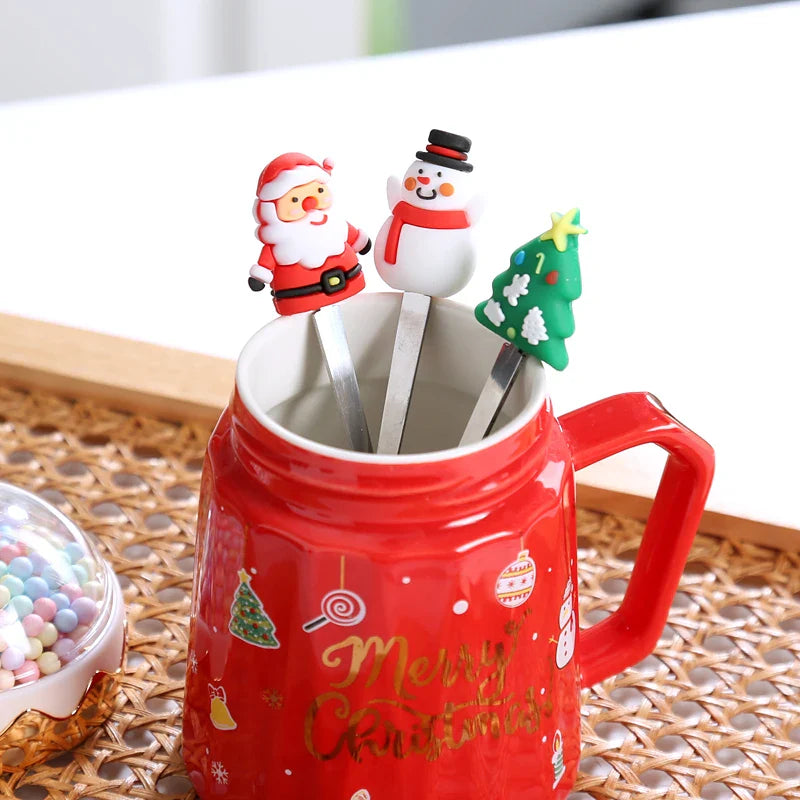 Afralia™ Christmas Planet Ceramic Mug with Lid, Spoon - Xmas Gift Cofee Cup