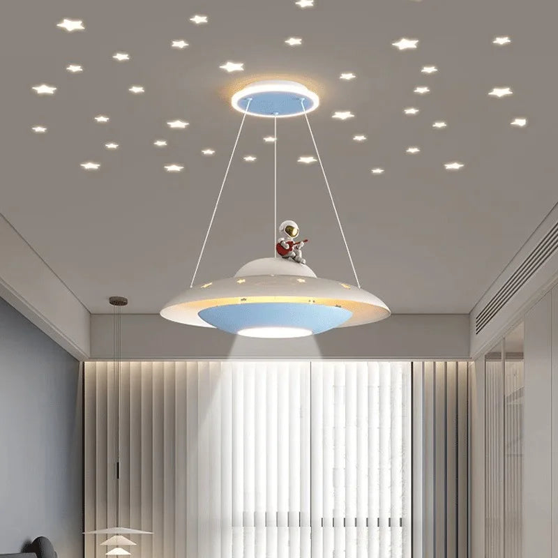 Afralia™ Cartoon Astronaut Chandelier UFO Ceiling Lamp for Kids Girl Boy Bedroom