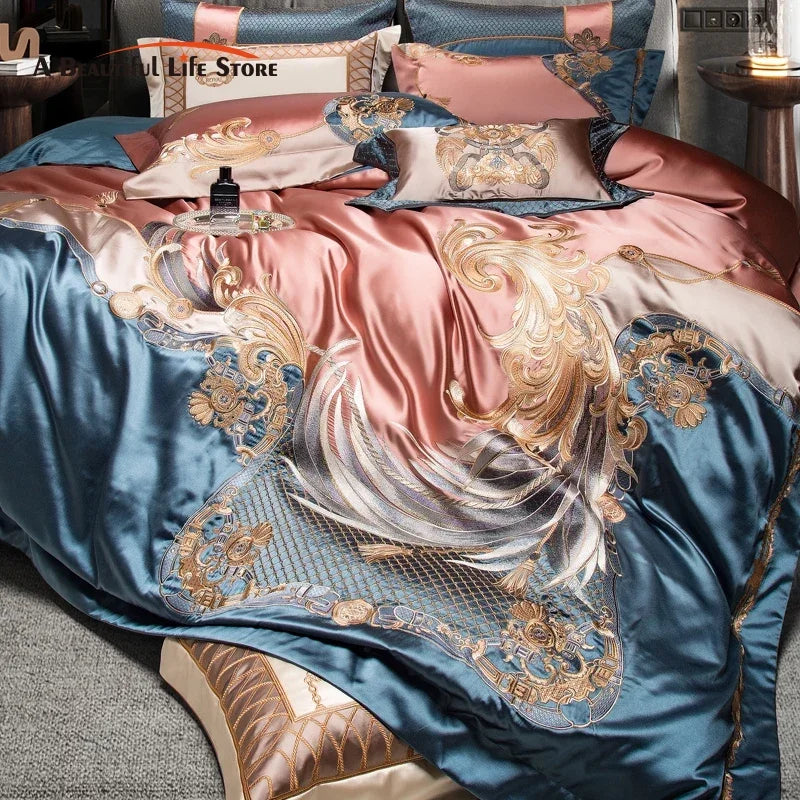 Afralia™ Luxe Gold Embroidery Palace Style Bedding Set - Duvet, Sheet, Pillowcases
