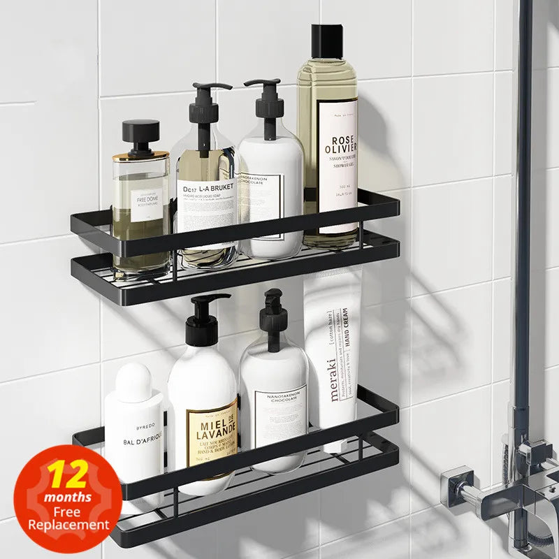 Afralia™ Black SUS 304 Bathroom Shelf Shower Storage Basket Holder for Shampoo & Bath Essentials