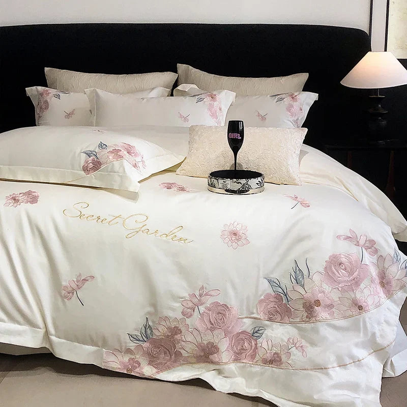 Afralia™ Luxury Flowers Embroidery Bedding Set 600TC Egyptian Cotton Duvet Cover Queen King Size