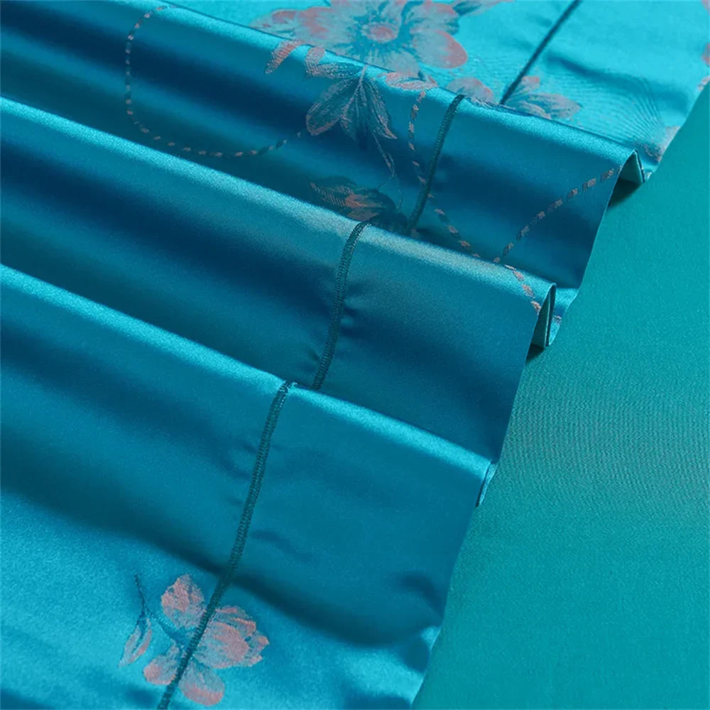 Afralia™ Blue Satin Jacquard Embroidery Bedding Set: King/Queen Size Bed Lines, Duvet Cover, Pillowcase