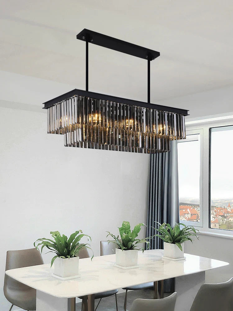Afralia™ Crystal Pendant Light: Black Rectangular Dining Room Fixture, American Style Retro Design