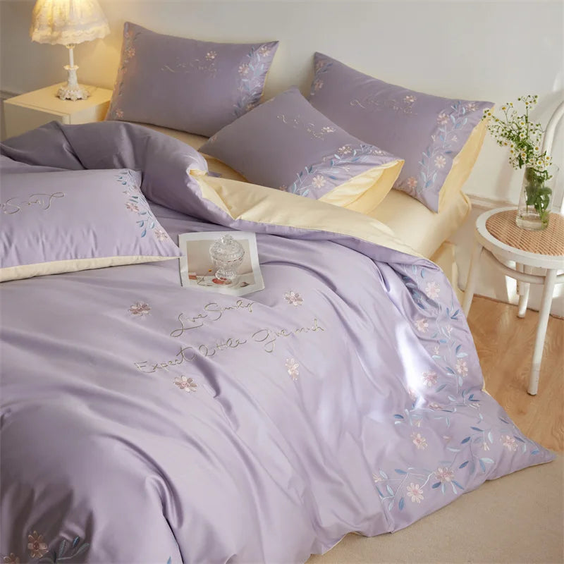 Afralia™ Luxury 100S Long Staple Cotton Embroidery Bedding Set, Ultra Soft Solid Duvet Cover, Double King Size