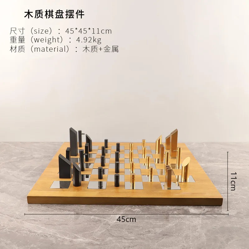 "Afralia™ Geometric Block Chess Set - Wooden Metal Chessboard Home Decor"