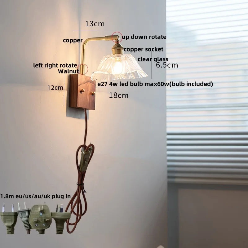 Afralia™ Walnut Glass LED Wall Light: Modern Brass Rotatable Bedside Lamp