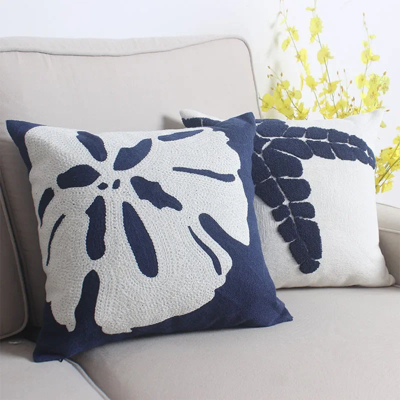 Afralia™ Navy Starfish Shell Embroidered Cotton Canvas Pillow Cover 45x45cm