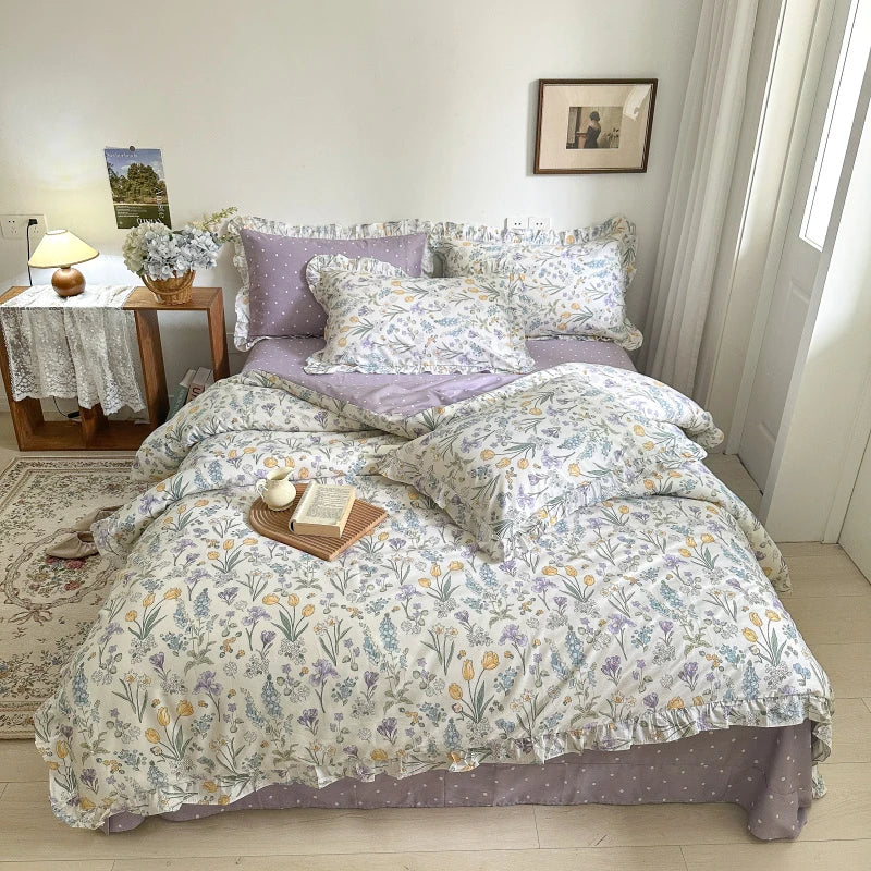 Afralia™ Floral Lace Ruffle Bedding Set, Fresh Flower Single Duvet Cover, 100% Cotton