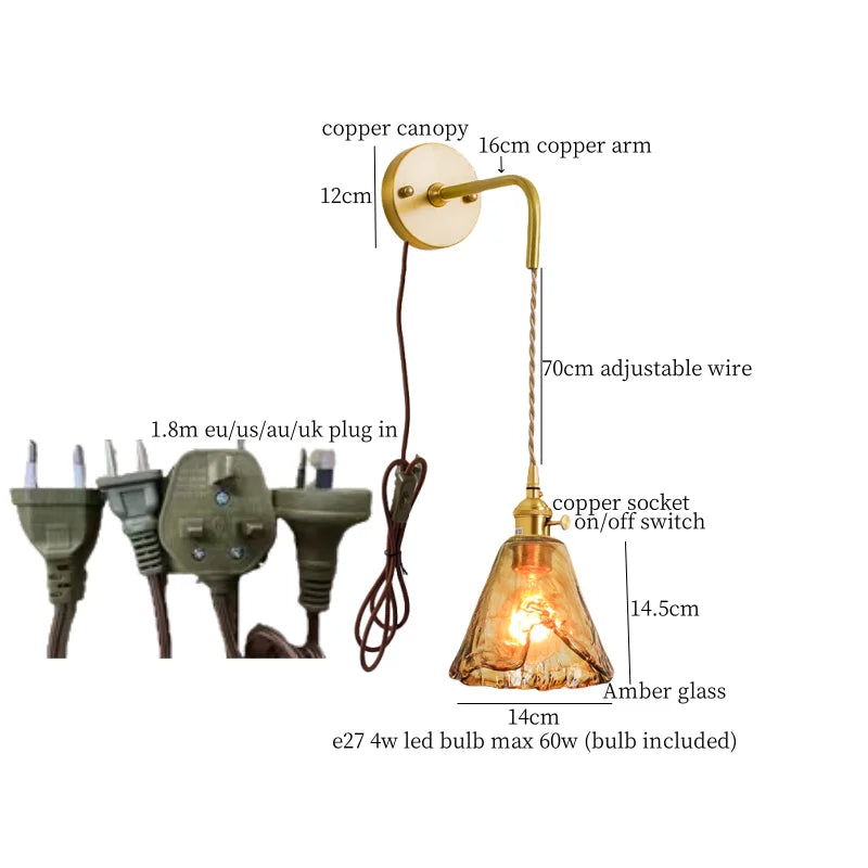 Afralia™ Glass LED Wall Sconce Bedroom Loft Bathroom Stair Light Pull Chain Copper