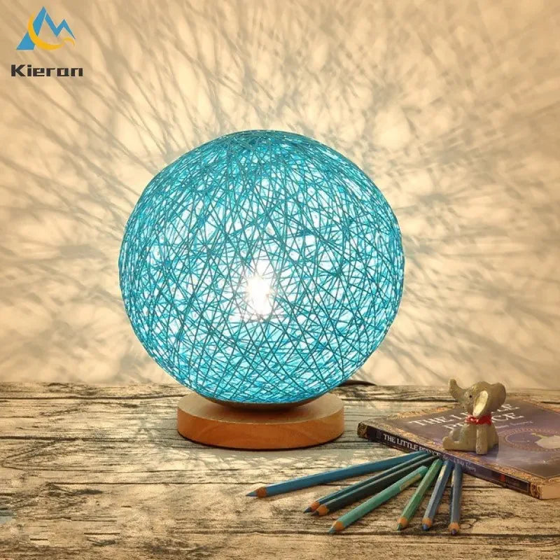 Afralia™ Rattan Ball Solid Wood LED Table Lamp for Living Room and Bedroom