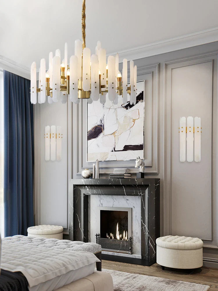 Afralia™ Gold Chrome LED Alabaster Chandelier for Dinning Room