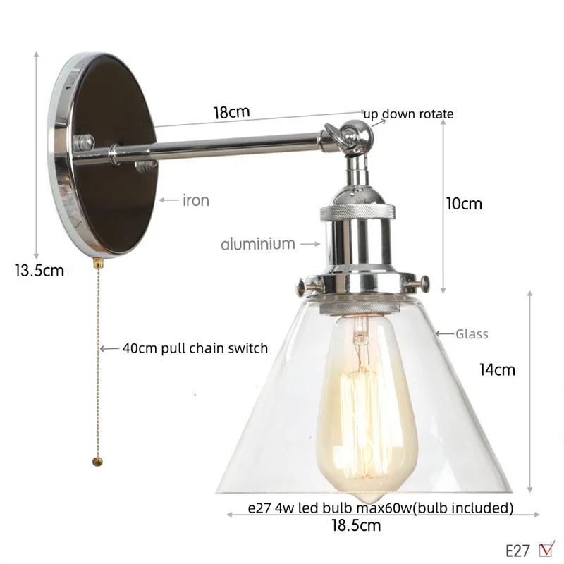Afralia™ Clear Glass Iron LED Wall Sconce Rustic Industrial Vintage Plug In Light