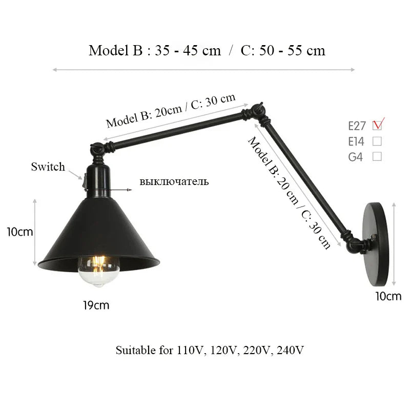 Afralia™ Retro Long Arm Bedside Wall Lamp with Switch - Black