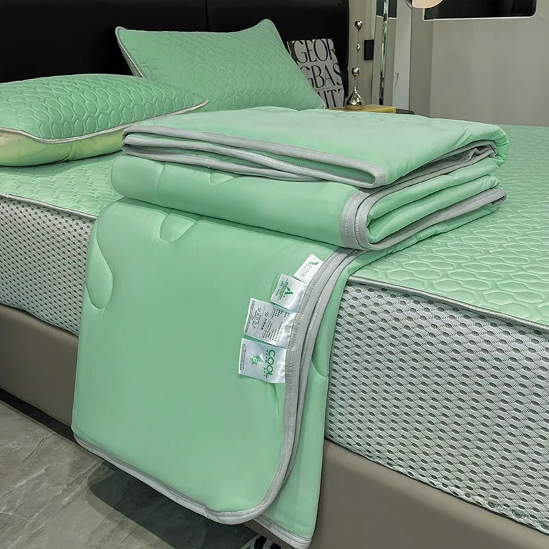 Afralia™ Silk Summer Blanket Set: Latex Fitted Sheet, Pillowcase, Queen Lightweight Comforter