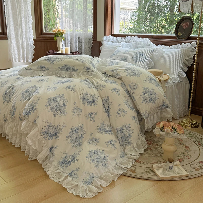 Afralia™ Floral Print Cotton Princess Bedding Set with Vintage Lace Details
