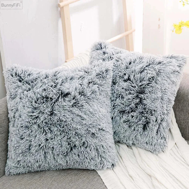 Afralia™ Cozy Plush Fur Cushion Cover 43x43cm White Grey Sofa Decor Pillowcase