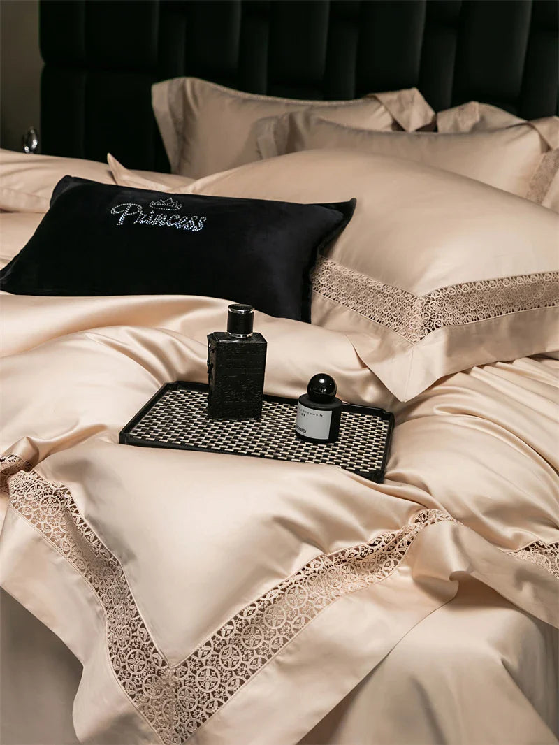 Afralia™ Luxury Lace Edge Bedding Set: Queen King Duvet Cover, Bed Sheet, Pillowcase