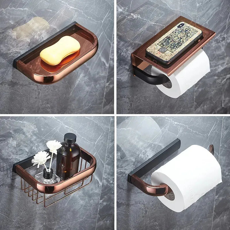 Afralia™ Rose Gold Black Bathroom Hardware Set: Towel Rack, Shelf, Paper Holder, Towel Holder, Toilet Brush Holder