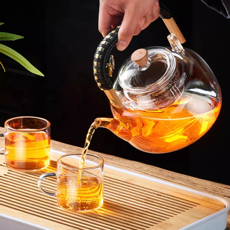 Afralia™ Glass Tea Pot With Weave Handle Heat-resistant Glass Teapot Transparent Steaming Tea Kettle