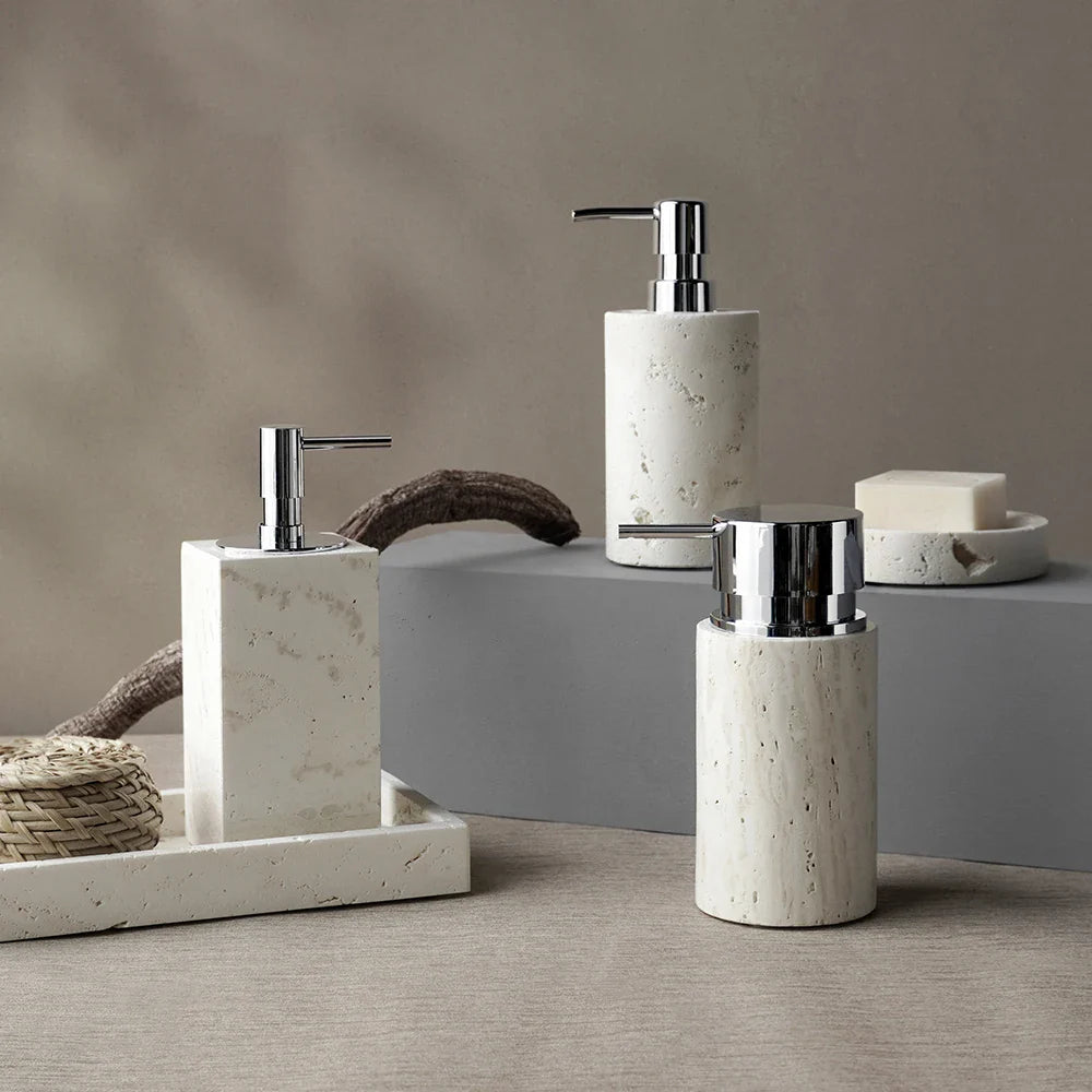 Afralia™ Beige Travertine Marble Bathroom Set - Soap Dispenser Toothbrush Holder Tissue Box