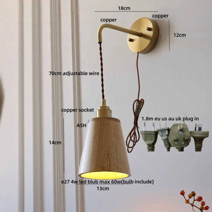 Afralia™ Ash Wood LED Wall Lamp with Pull Chain Switch for Home Decor