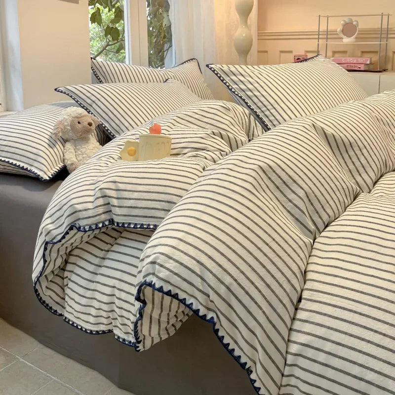 Afralia™ Striped Shell Edge Bedding Set | Cozy Washed Cotton Fitted Sheet Set