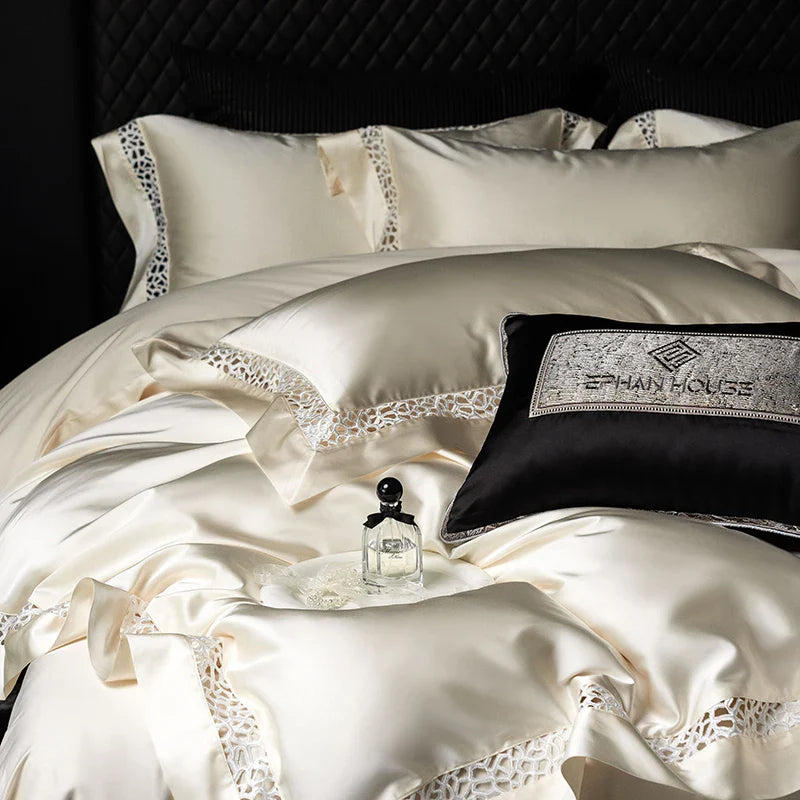 Afralia™ Brocade Lace Edge Egyptian Cotton Bedding Set - 4Pcs