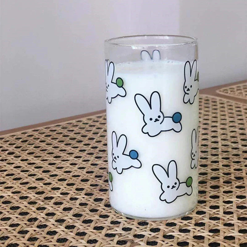 Afralia™ Rabbit Pattern Glass Breakfast Milk Oats Cup Couple Water Cups