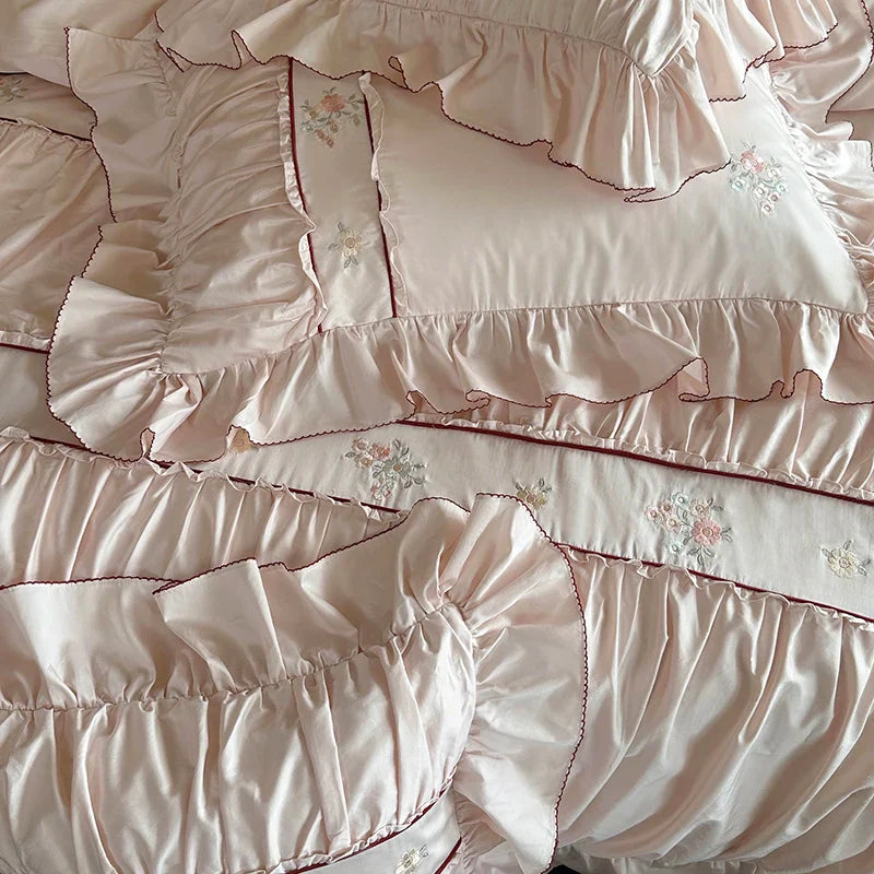 Afralia™ 1000TC Cotton Flowers Embroidery Lace Ruffles Bedding Set