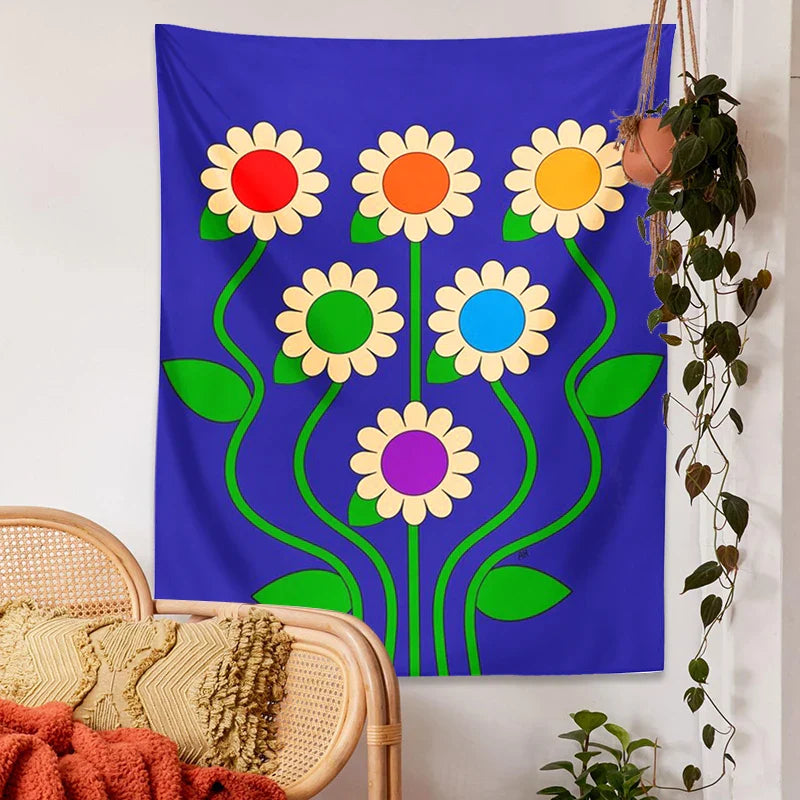 Afralia™ Blue Vintage Daisy Tapestry Wall Hanging Psychedelic Floral Home Decor Art