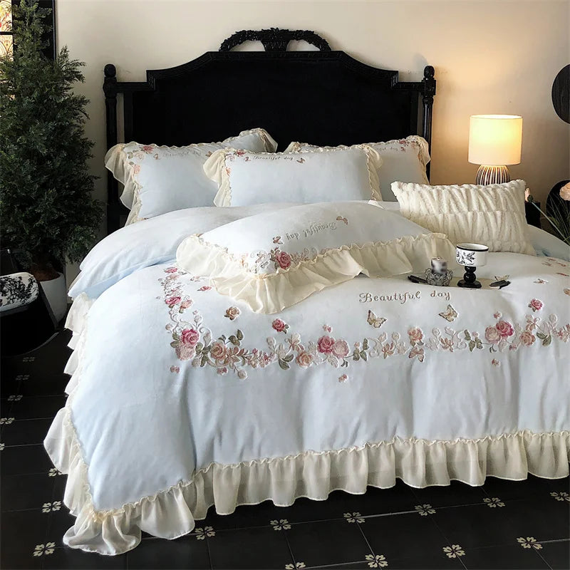 Afralia™ Rose Butterfly Embroidery Velvet Bedding Set with Lace Details
