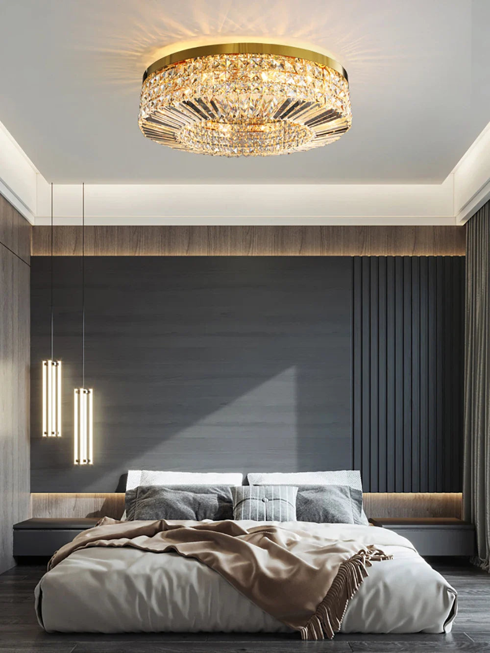 Afralia™ Round LED Crystal Chandelier Gold/Silver Luxe Ceiling Light Fixture for Bedroom