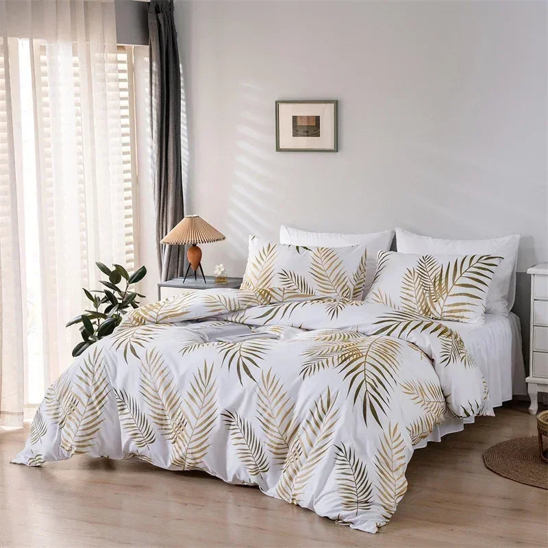 Afralia™ Gold Print Queen Duvet Set with 2 Pillowcases - Soft & Stylish Bedding Solution