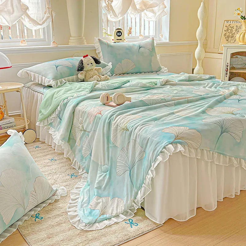 Afralia™ Floral Print Lace and Ruffle Summer Quilt: Skin-Friendly, Breathable Comforter