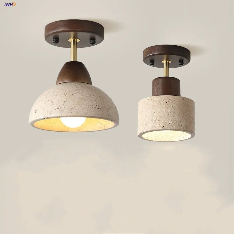 Afralia™ Japan Style LED Ceiling Light Yellow Travertine Stone Wood Base Bedroom Luminaire