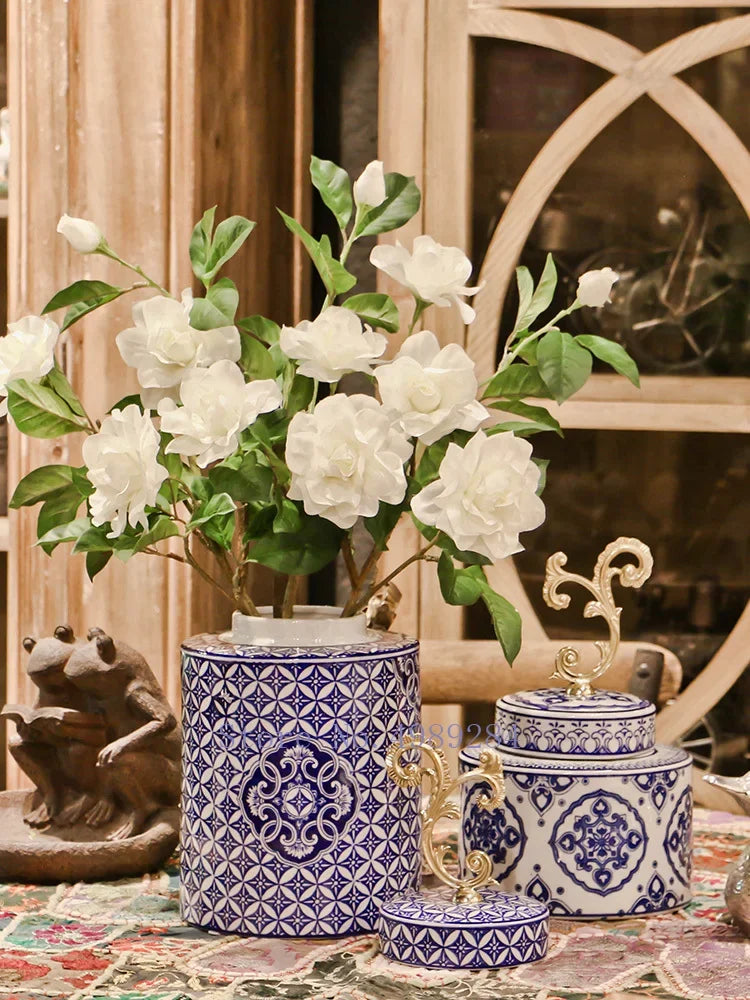 Afralia™ Blue & White Porcelain Covered Vase Jar: Retro Chinese Home Decor Flower Arrangement & Organization